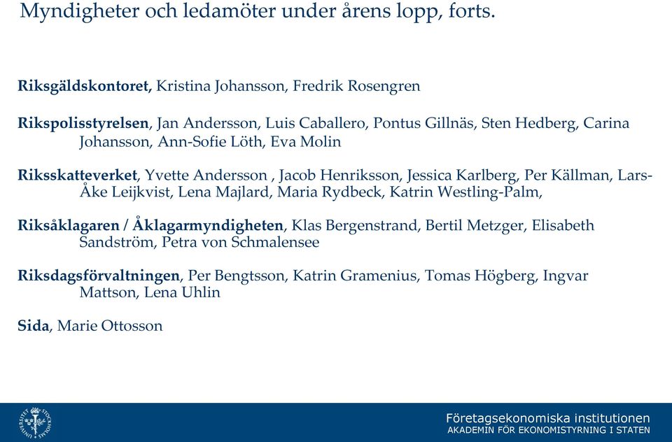 Ann-Sofie Löth, Eva Molin Riksskatteverket, Yvette Andersson, Jacob Henriksson, Jessica Karlberg, Per Källman, Lars- Åke Leijkvist, Lena Majlard, Maria