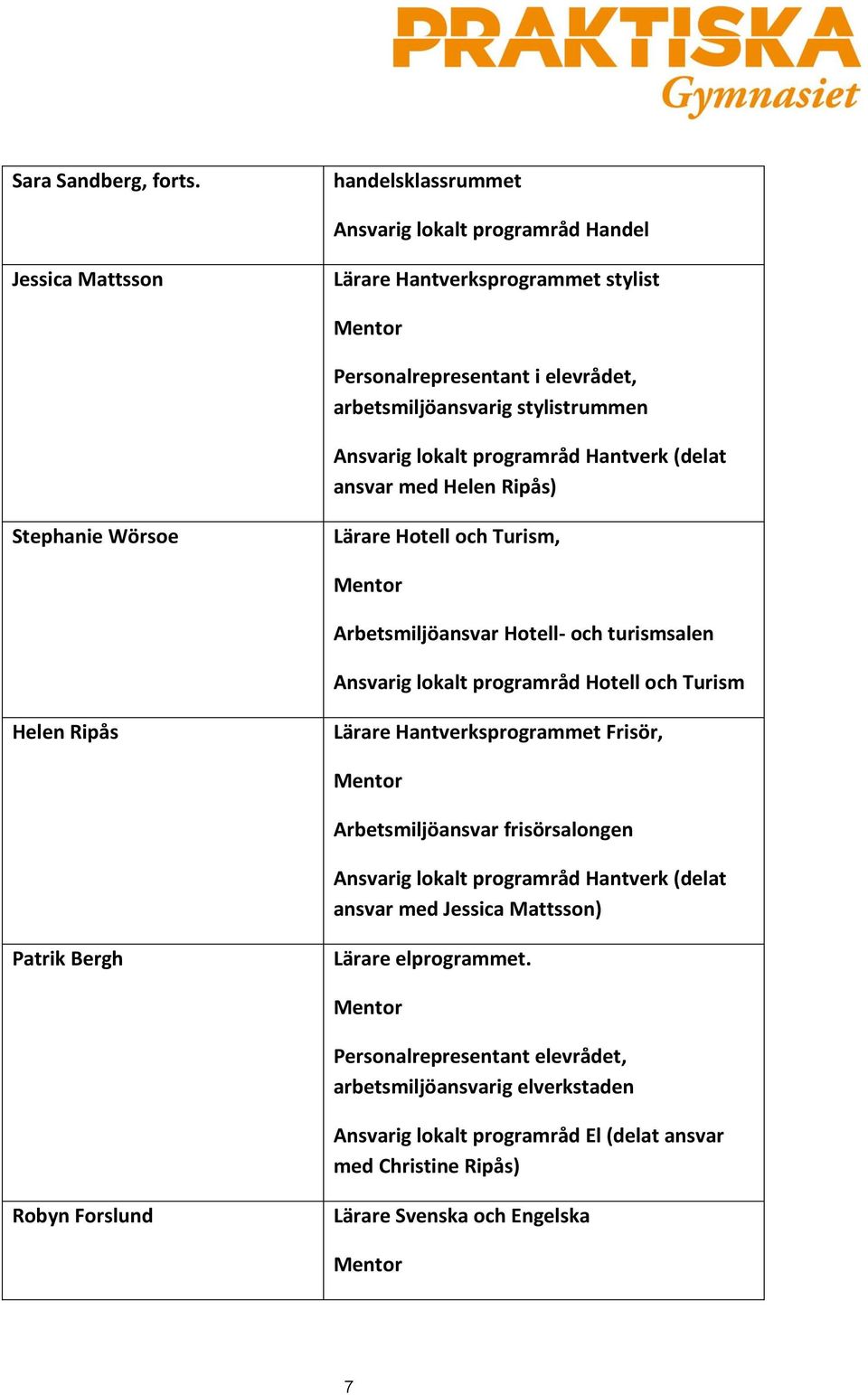 lokalt programråd Hantverk (delat ansvar med Helen Ripås) Stephanie Wörsoe Lärare Hotell och Turism, Arbetsmiljöansvar Hotell- och turismsalen Ansvarig lokalt programråd Hotell och Turism