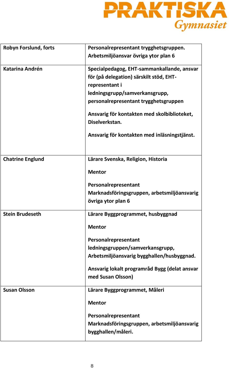 trygghetsgruppen Ansvarig för kontakten med skolbiblioteket, Diselverkstan. Ansvarig för kontakten med inläsningstjänst.