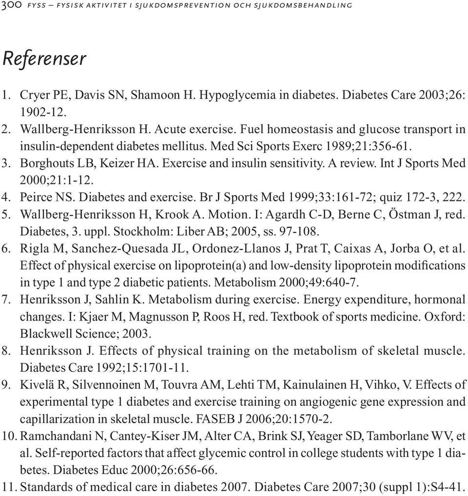 A review. Int J Sports Med 2000;21:1-12. 4. Peirce NS. Diabetes and exercise. Br J Sports Med 1999;33:161-72; quiz 172-3, 222. 5. Wallberg-Henriksson H, Krook A. Motion.