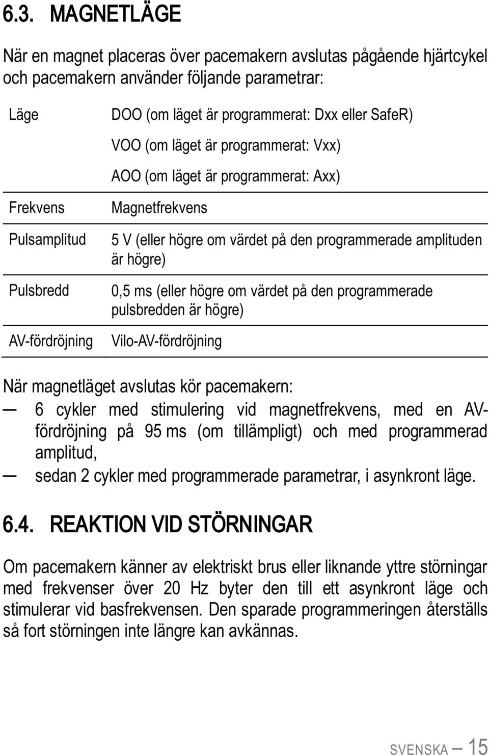 högre om värdet på den programmerade pulsbredden är högre) Vilo-AV-fördröjning När magnetläget avslutas kör pacemakern: 6 cykler med stimulering vid magnetfrekvens, med en AVfördröjning på 95 ms (om