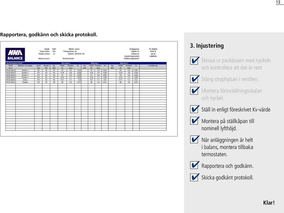 Serienummer: Kalibreringsdatum: Börvärden Mätning 1 Injusteringsprotokoll Mätning 2 Ventil Betjänar Flöde Position rum/objekt Ventil Storlek Dp Flöde Position Kv Dp Flöde Position Kv Dp Kv Anmärkning