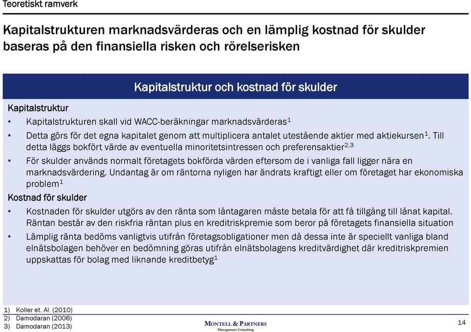 Till detta läggs bokfört värde av eventuella minoritetsintressen och preferensaktier 2,3 För skulder används normalt företagets bokförda värden eftersom de i vanliga fall ligger nära en