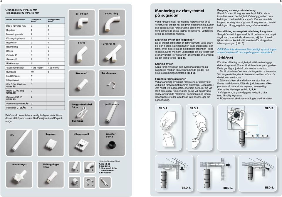 Skarvmuff Ø 50 3 2 2 Böj 90 kort Böj 45 Skarvmuff Böj 90 lång Grenrör 45 Rörklammer Montering av rörsystemet på sugsidan Vänd rörsystemet i rätt riktning Rörsystemet är så konstruerat, att det har en