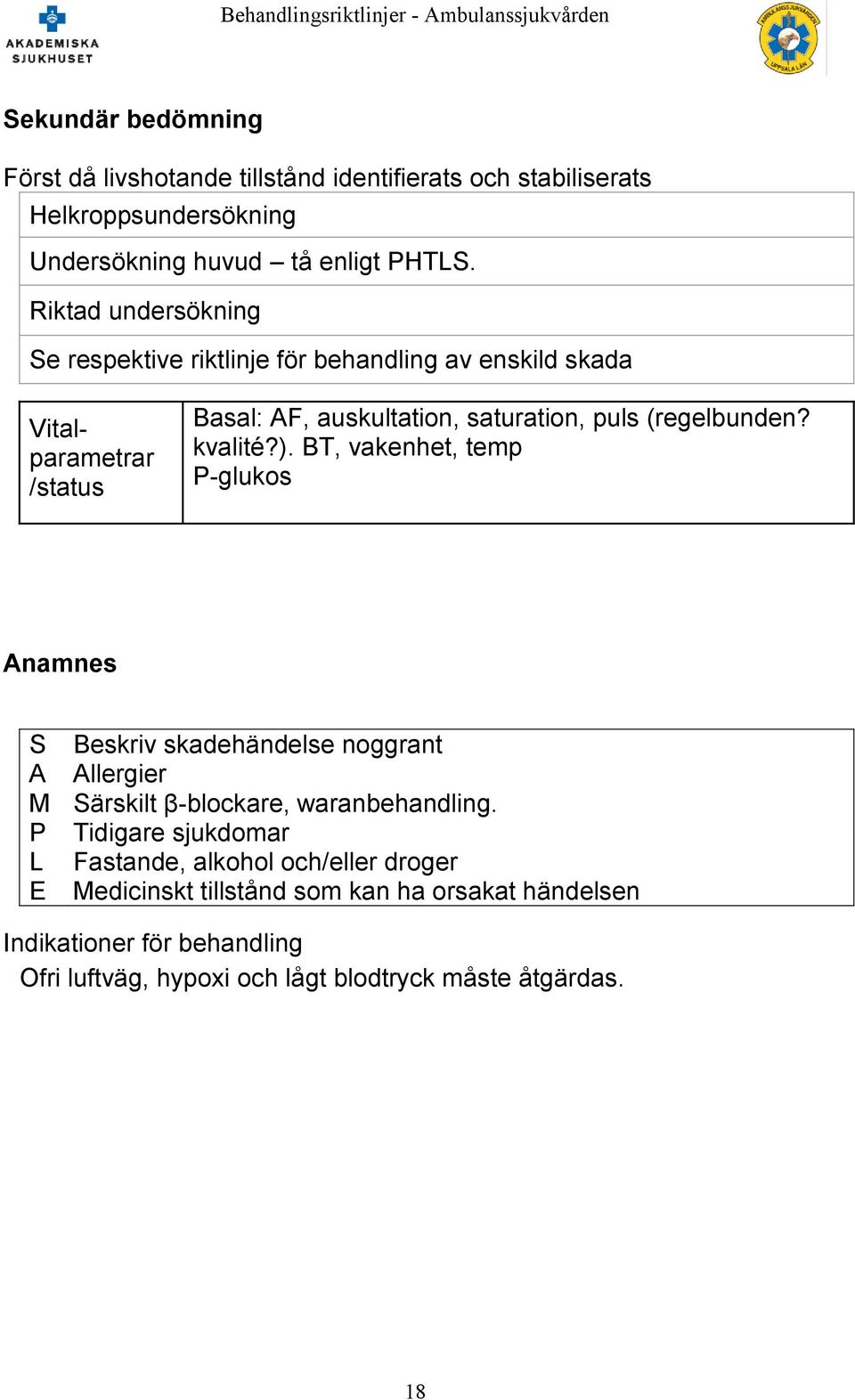 kvalité?). BT, vakenhet, temp P-glukos Anamnes S Beskriv skadehändelse noggrant A Allergier M Särskilt β-blockare, waranbehandling.