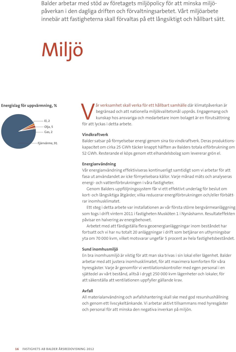 Miljö Energislag för uppvärmning, % El, 2 Olja, 5 Gas, 2 Fjärrvärme, 91 Vår verksamhet skall verka för ett hållbart samhälle där klimatpåverkan är begränsad och att nationella miljökvalitetsmål