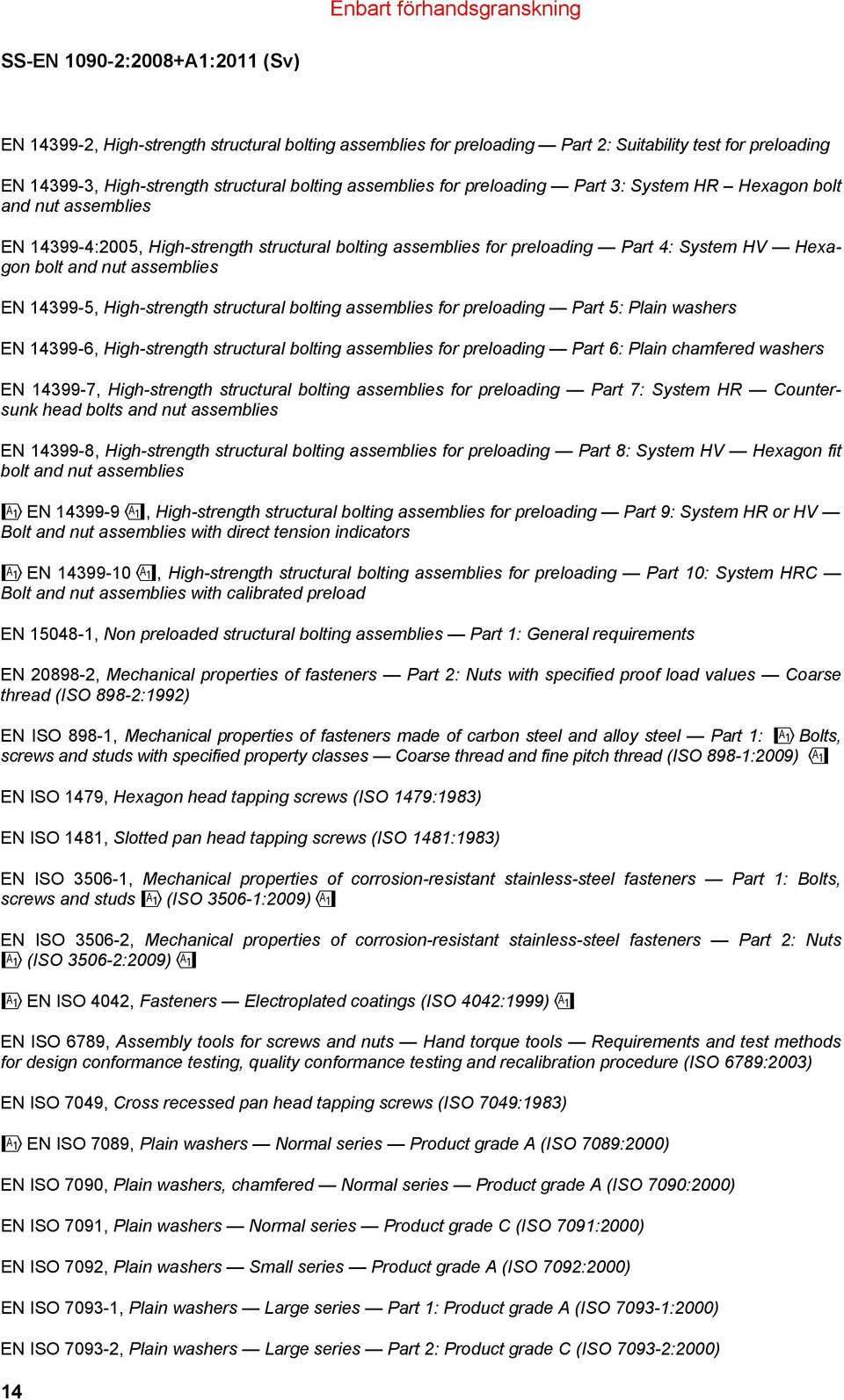 bolting assemblies for preloading Part 5: Plain washers EN 14399-6, High-strength structural bolting assemblies for preloading Part 6: Plain chamfered washers EN 14399-7, High-strength structural