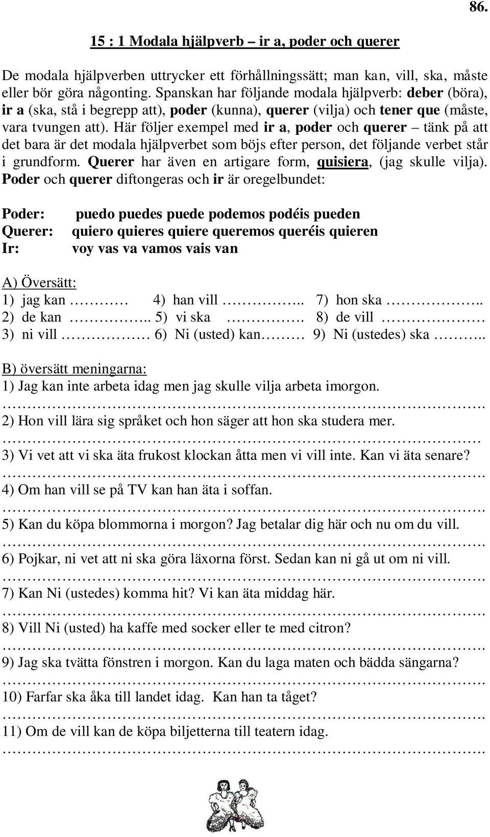 Här följer exempel med ir a, poder och querer tänk på att det bara är det modala hjälpverbet som böjs efter person, det följande verbet står i grundform.