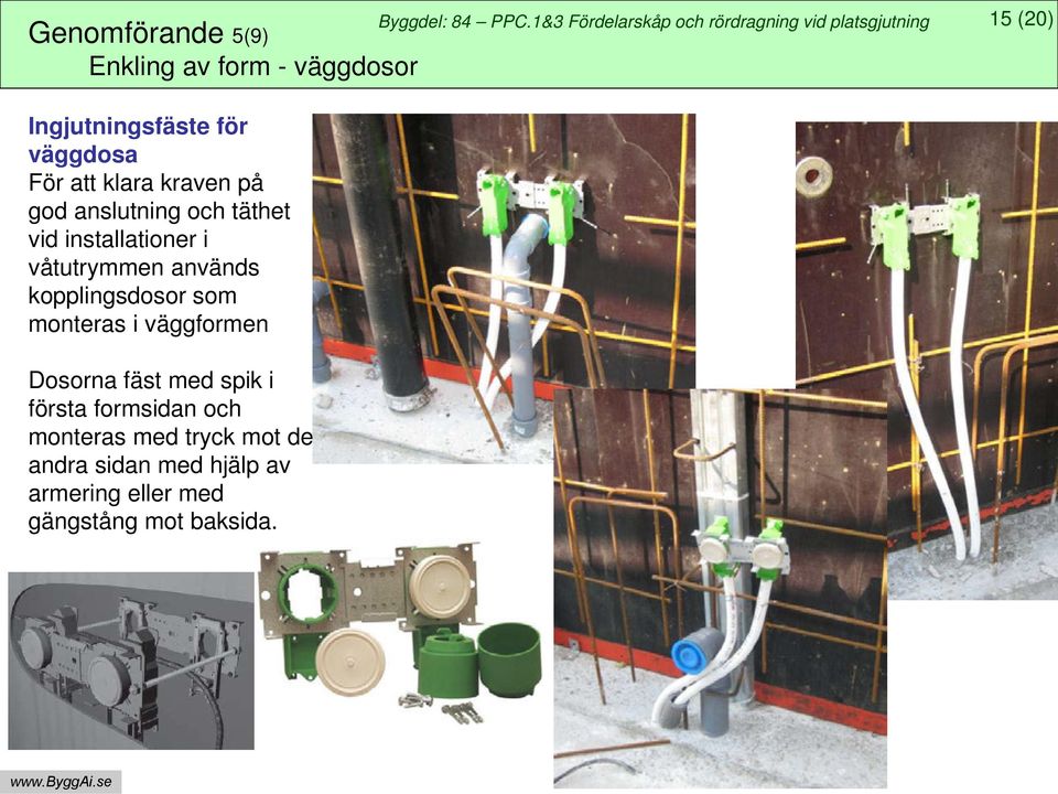 kopplingsdosor som monteras i väggformen Dosorna fäst med spik i första formsidan och