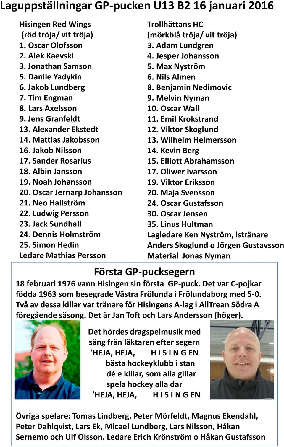 Ludwig Persson 23. Jack Sundhall 24. Dennis Holmström 25. Simon Hedin Ledare Mathias Persson Första GP-pucksegern 18 februari 1976 vann Hisingen sin första GP-puck.