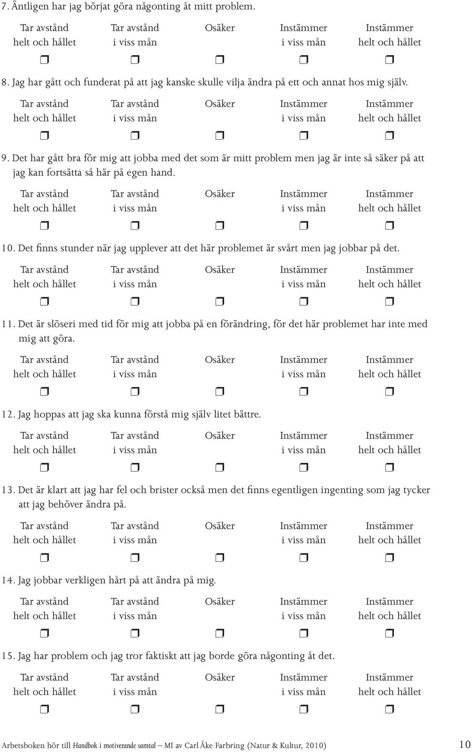 Det finns stunder när jag upplever att det här problemet är svårt men jag jobbar på det. 11. Det är slöseri med tid för mig att jobba på en förändring, för det här problemet har inte med mig att göra.