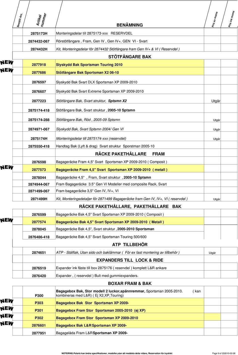 Extreme Sportsman XP 2009-2010 2877223 Stötfångare Bak, Svart struktur, Sptsmn X2 Utgår 2875174-418 Stötfångare Bak, Svart struktur, 2005-10 Sptsmn 2875174-288 Stötfångare Bak, Röd, 2005-09 Sptsmn