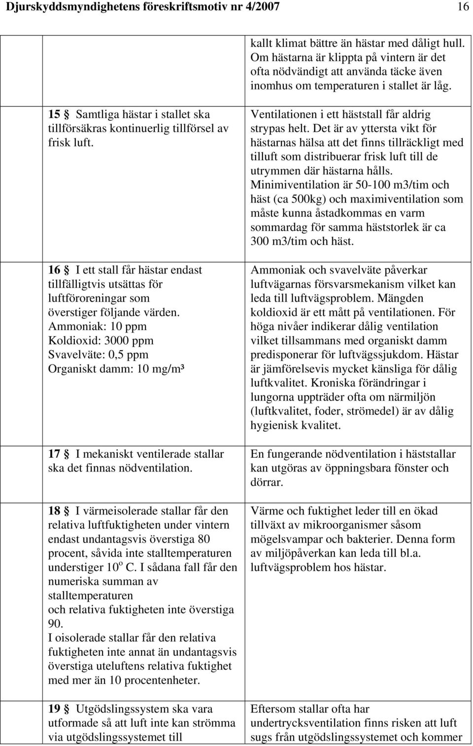 15 Samtliga hästar i stallet ska tillförsäkras kontinuerlig tillförsel av frisk luft. 16 I ett stall får hästar endast tillfälligtvis utsättas för luftföroreningar som överstiger följande värden.