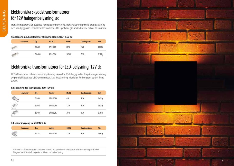 Växelspänning, kapslade för skruvmontage 230/11,5V ac ZHA 60 9712-0001 60 W IP 20 0,08 kg ZHA 105 9712-0002 105 W IP 20 0,12 kg Elektroniska transformatorer för LED-belysning, 12V dc LED-drivers som
