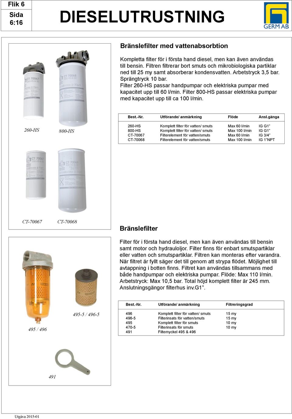 Filter 260-HS passar handpumpar och elektriska pumpar med kapacitet upp till 60 l/min. Filter 800-HS passar elektriska pumpar med kapacitet upp till ca 100 l/min.