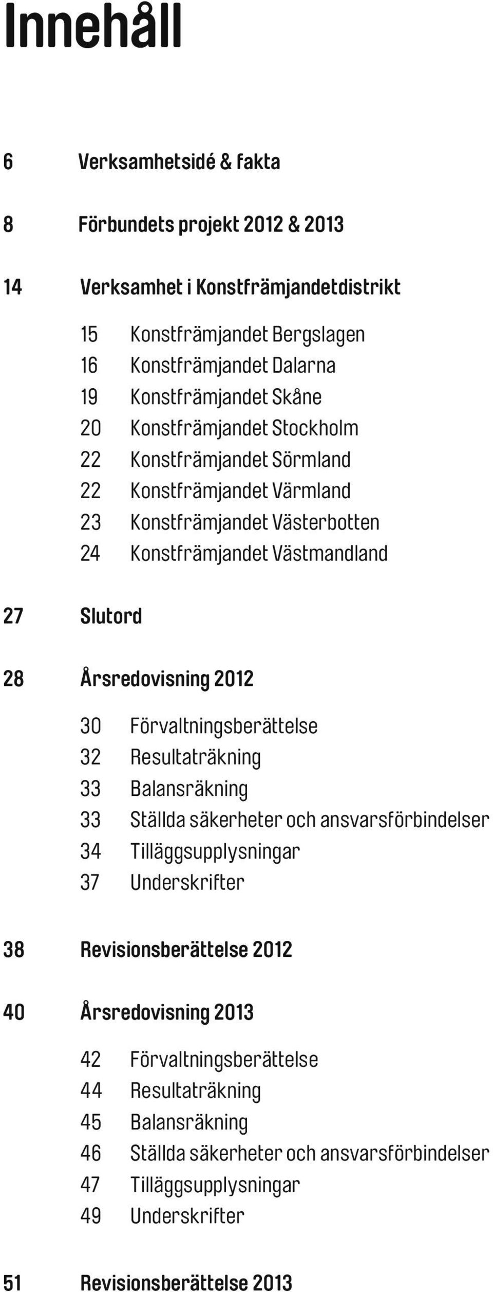 2012 30 Förvaltningsberättelse 32 Resultaträkning 33 Balansräkning 33 Ställda säkerheter och ansvarsförbindelser 34 Tilläggsupplysningar 37 Underskrifter 38 Revisionsberättelse 2012 40