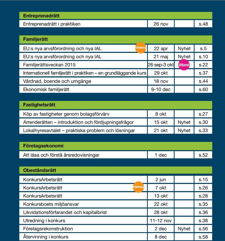 60 Fastighetsrätt Köp av fastigheter genom bolagsförvärv 8 okt s.27 Arrenderätten introduktion och fördjupningsfrågor 15 okt Nyhet s.