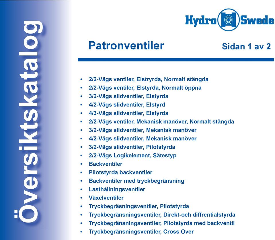 3/2-Vägs slidventiler, Pilotstyrda 2/2-Vägs Logikelement, Sätestyp Backventiler Pilotstyrda backventiler Backventiler med tryckbegränsning Lasthållningsventiler Växelventiler
