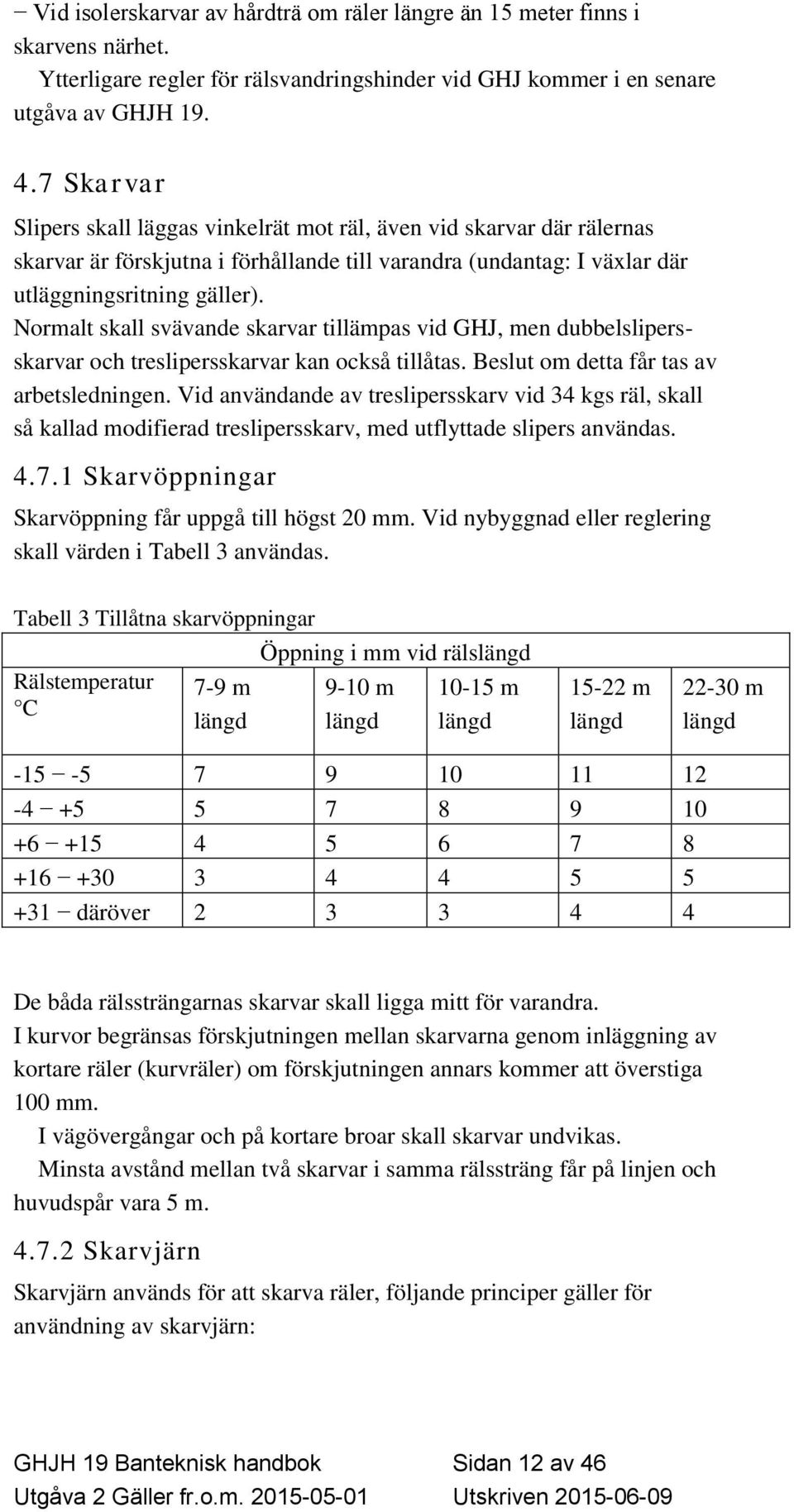 Normalt skall svävande skarvar tillämpas vid GHJ, men dubbelslipersskarvar och treslipersskarvar kan också tillåtas. Beslut om detta får tas av arbetsledningen.