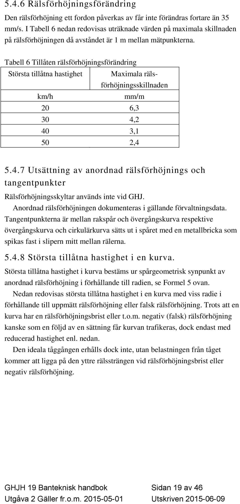 Tabell 6 Tillåten rälsförhöjningsförändring Största tillåtna hastighet Maximala rälsförhöjningsskillnaden km/h mm/m 20 6,3 30 4,