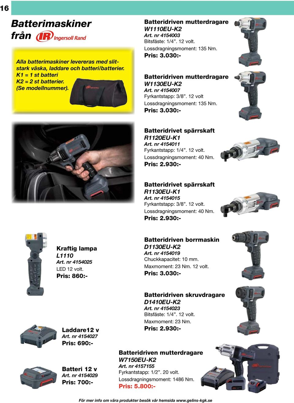 12 volt Lossdragningsmoment: 135 Nm. Pris: 3.030:- Batteridrivet spärrskaft R1120EU-K1 Art. nr 4154011 Fyrkantstapp: 1/4. 12 volt. Lossdragningsmoment: 40 Nm. Pris: 2.