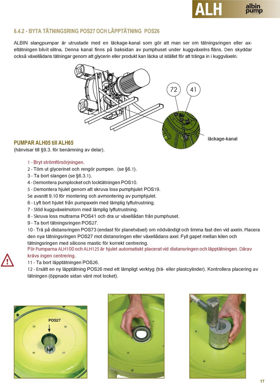 72 41 PUMPAR 05 till 65 (hänvisar till 9.3. för benämning av delar). Leakage channel läckage-kanal 1 - Bryt strömförsörjningen. 2 - Töm ut glycerinet och rengör pumpen. (se 6.1).