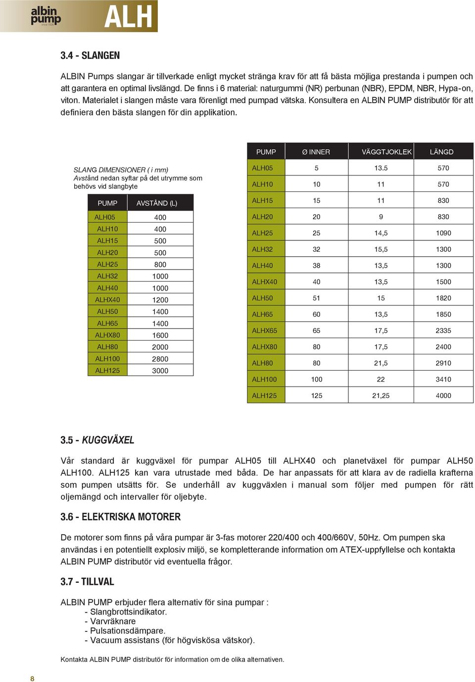 Konsultera en ALBIN PUMP distributör för att definiera den bästa slangen för din applikation.