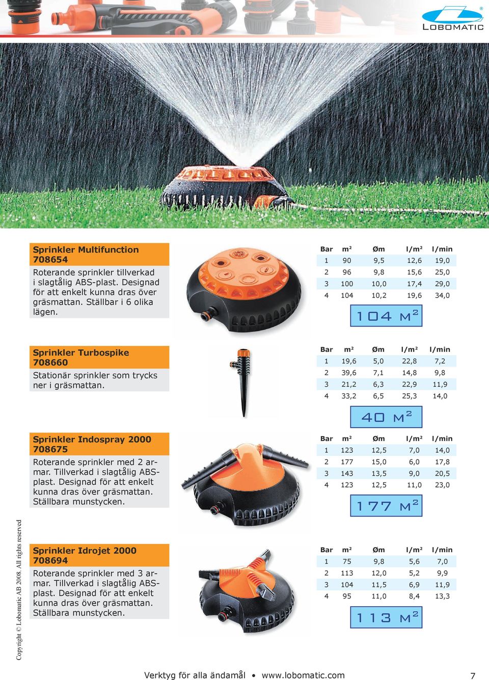 Bar m 2 Øm l/m 2 l/min 1 19,6 5,0 22,8 7,2 2 39,6 7,1 14,8 9,8 3 21,2 6,3 22,9 11,9 4 33,2 6,5 25,3 14,0 40 m 2 Sprinkler Indospray 2000 708675 Roterande sprinkler med 2 armar.