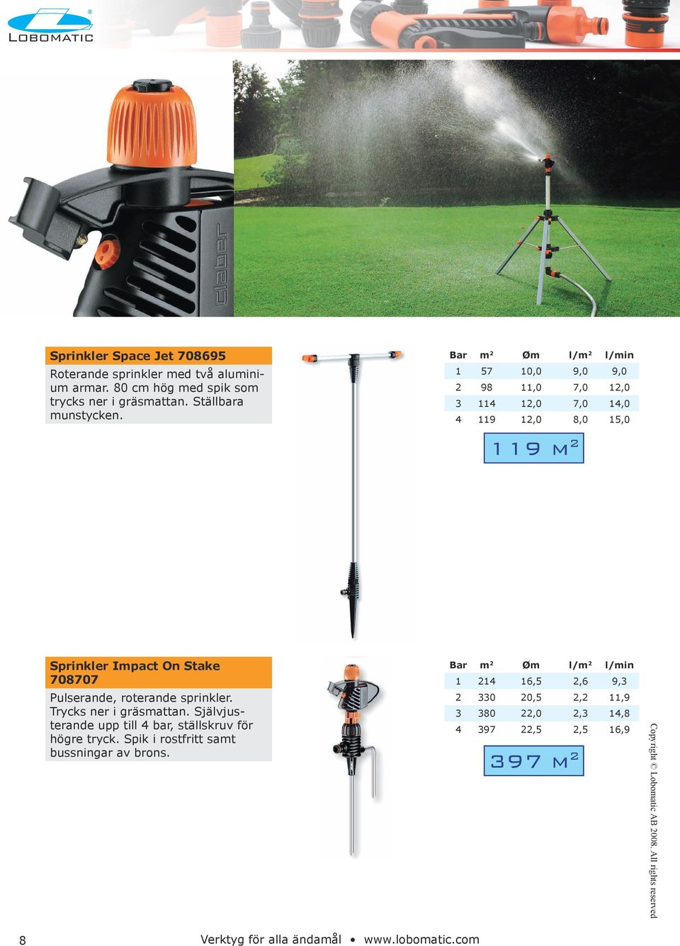 Pulserande, roterande sprinkler. Trycks ner i gräsmattan. Självjusterande upp till 4 bar, ställskruv för högre tryck.