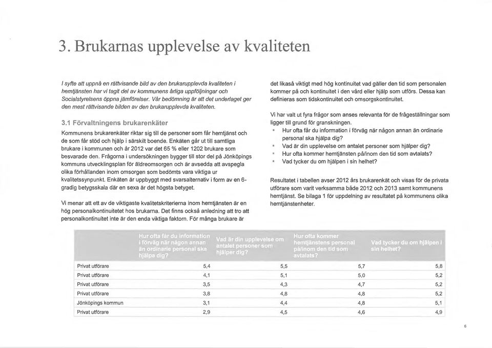 1 Förvaltningens brukarenkäter Kommunens brukarenkäter riktar sig till de personer som får hemtjänst och de som får stöd och hjälp i särskilt boende.