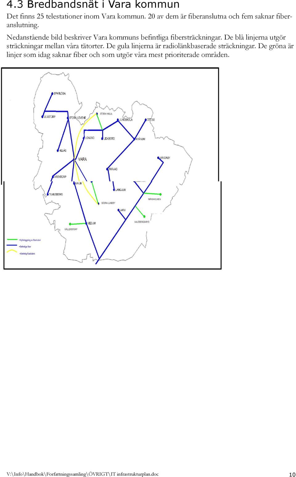 Nedanstående bild beskriver Vara kommuns befintliga fibersträckningar.