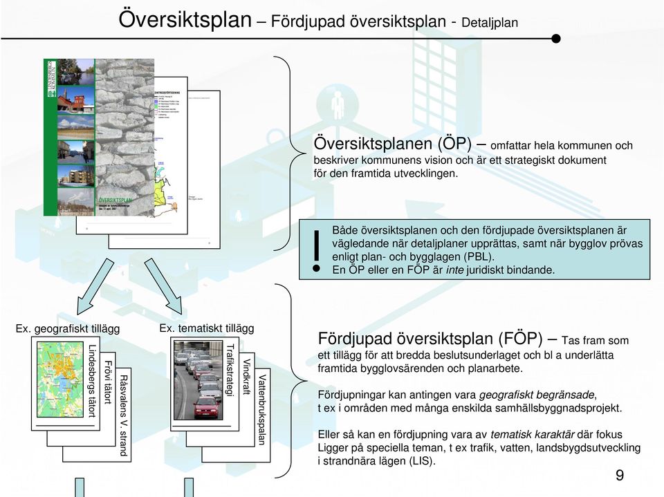 En ÖP eller en FÖP är inte juridiskt bindande. Ex. geografiskt tillägg Råsvalens V. strand Frövi tätort Lindesbergs tätort Ex.