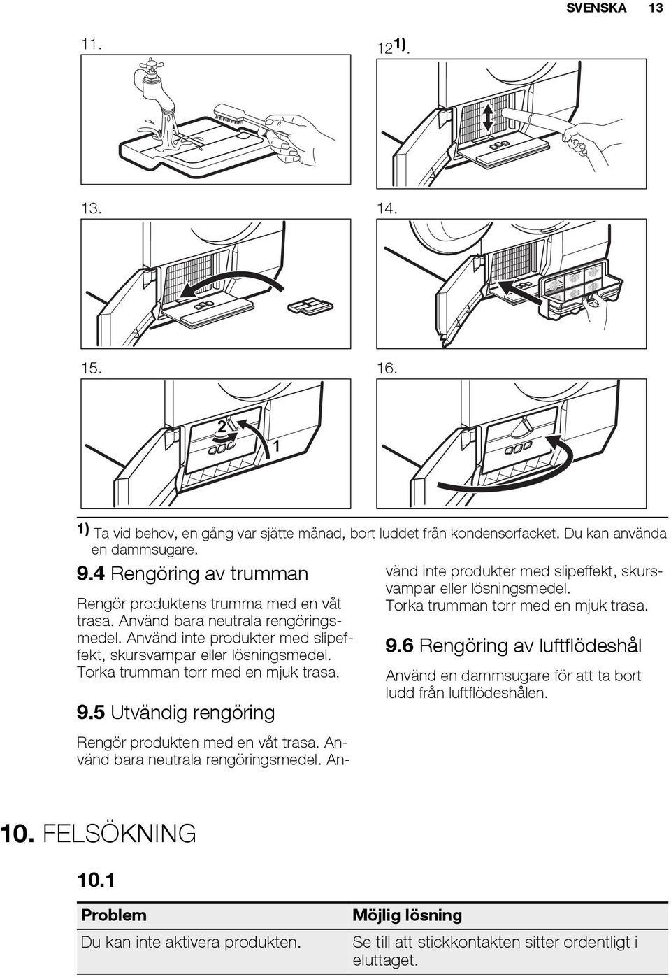 Torka trumman torr med en mjuk trasa. 9.5 Utvändig rengöring Rengör produkten med en våt trasa. Använd bara neutrala rengöringsmedel.