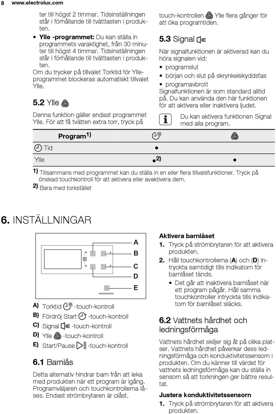 Om du trycker på tillvalet Torktid för Ylleprogrammet blockeras automatiskt tillvalet Ylle. 5.2 Ylle Denna funktion gäller endast programmet Ylle.