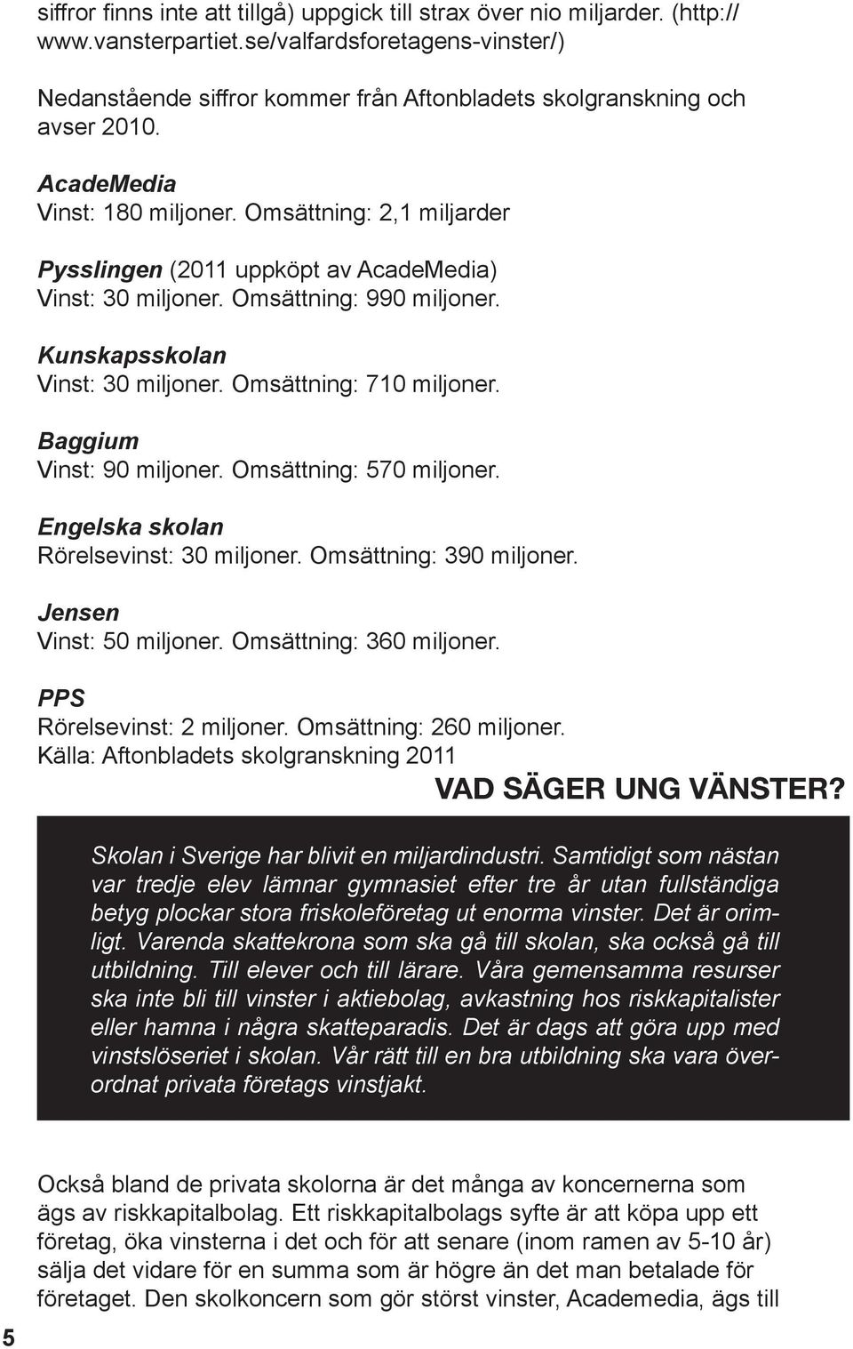 Omsättning: 2,1 miljarder Pysslingen (2011 uppköpt av AcadeMedia) Vinst: 30 miljoner. Omsättning: 990 miljoner. Kunskapsskolan Vinst: 30 miljoner. Omsättning: 710 miljoner. Baggium Vinst: 90 miljoner.