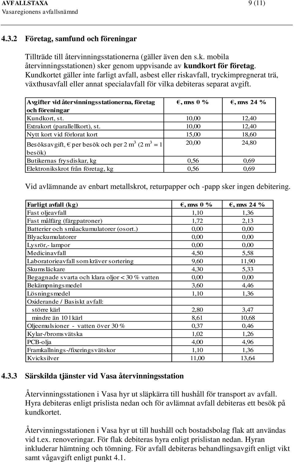 Avgifter vid återvinningsstationerna, företag, mvs 0 %, mvs 24 % och föreningar Kundkort, st. 10,00 12,40 Extrakort (parallellkort), st.