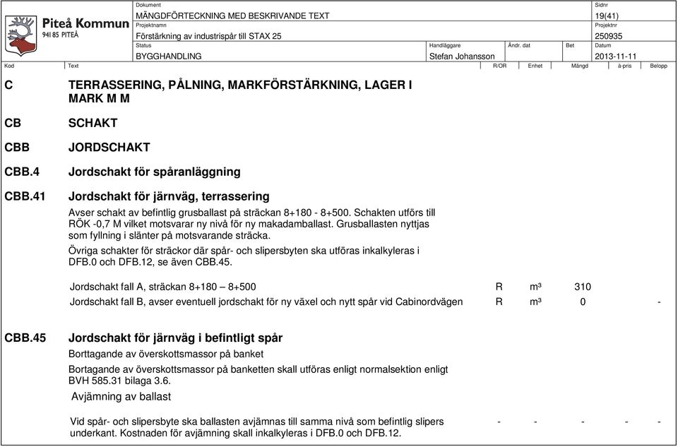 8+180-8+500. Schakten utförs till RÖK -0,7 M vilket motsvarar ny nivå för ny makadamballast. Grusballasten nyttjas som fyllning i slänter på motsvarande sträcka.