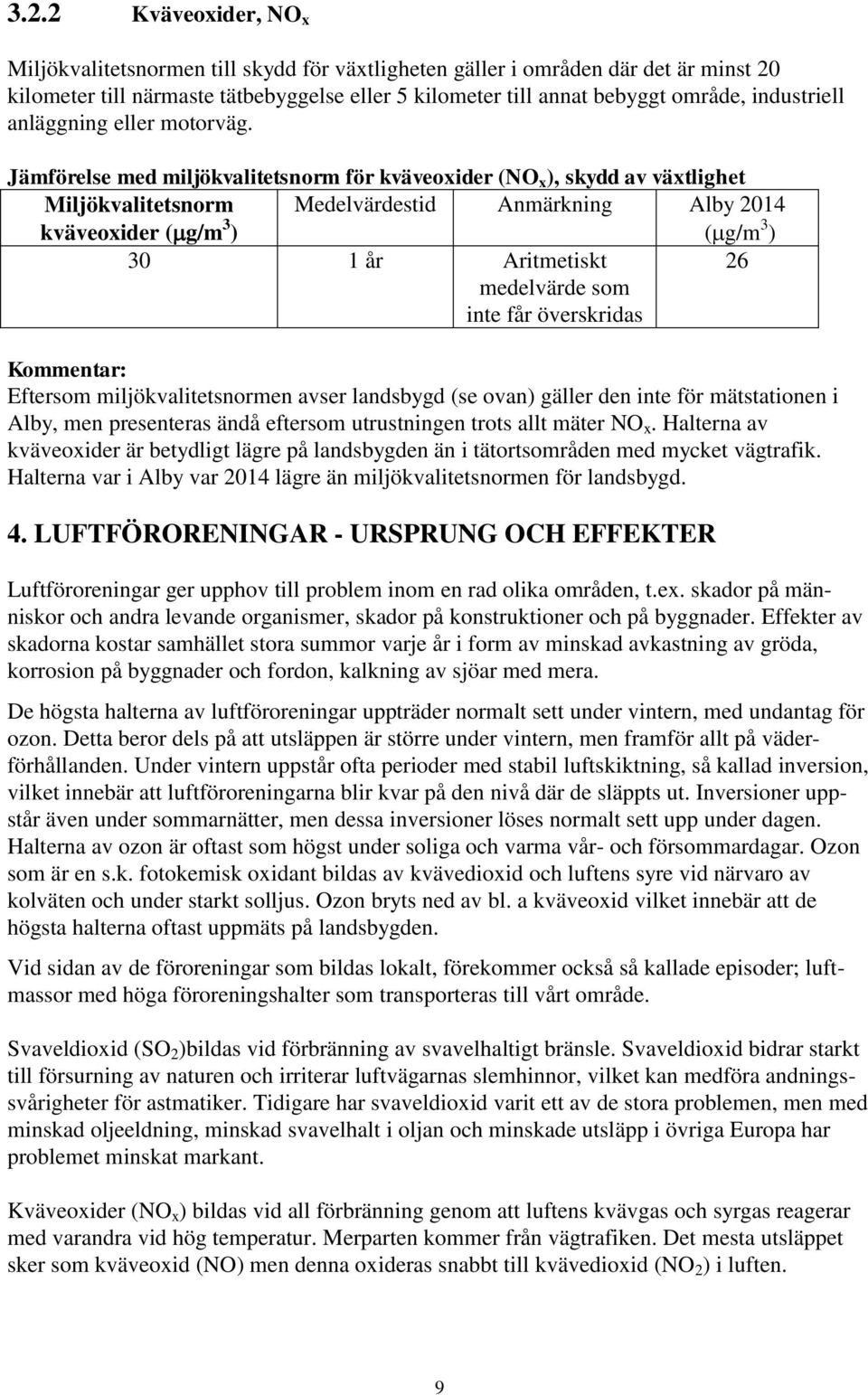 Jämförelse med miljökvalitetsnorm för kväveoxider (NO x ), skydd av växtlighet Miljökvalitetsnorm kväveoxider ( g/m 3 ) Medelvärdestid Anmärkning Alby 2014 ( g/m 3 ) 30 1 år Aritmetiskt medelvärde