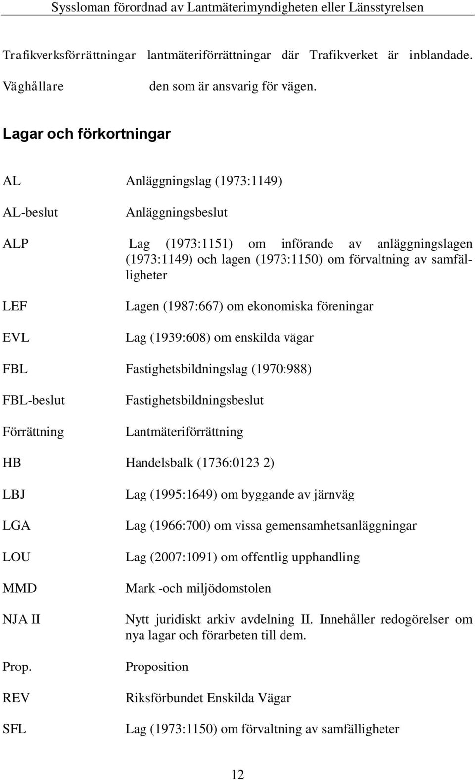 samfälligheter LEF EVL Lagen (1987:667) om ekonomiska föreningar Lag (1939:608) om enskilda vägar FBL Fastighetsbildningslag (1970:988) FBL-beslut Förrättning Fastighetsbildningsbeslut