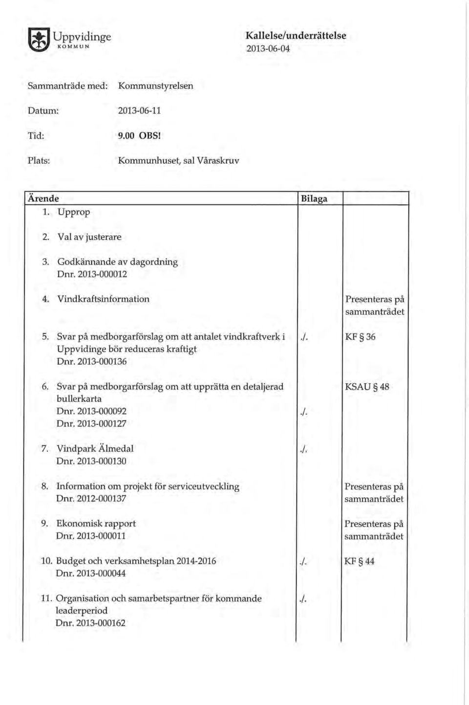 2013-000136./. KF 36 6. Svar på medborgarförslag om att upprätta en detaljerad bullerkarta Dm. 2013-000092 Dm. 2013-000127./. KSAU 48 7. Vindpark Almedal Dnr. 2013-000130./. 8.