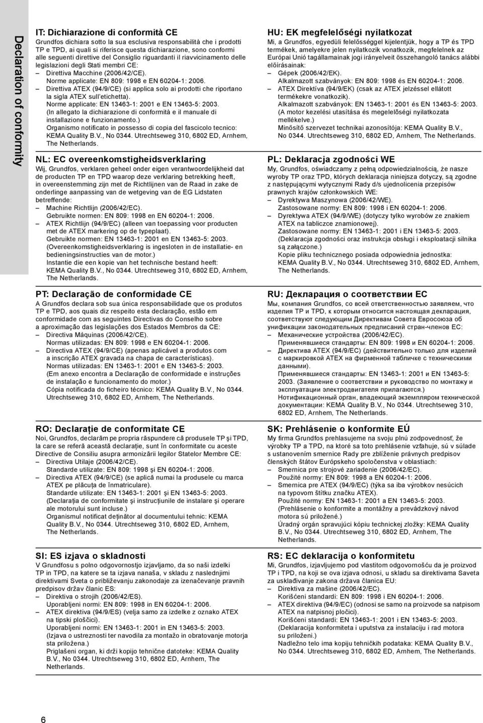 Direttiva ATEX (94/9/CE) (si applica solo ai prodotti che riportano la sigla ATEX sull etichetta). Norme applicate: EN 13463-1: 2001 e EN 13463-5: 2003.