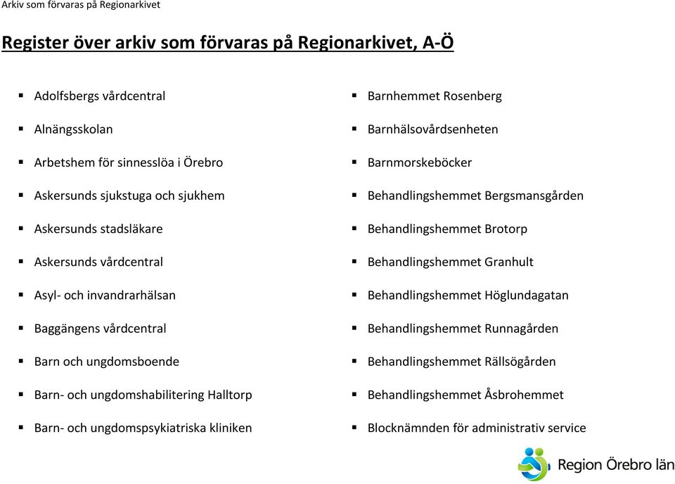 och ungdomspsykiatriska kliniken Barnhemmet Rosenberg Barnhälsovårdsenheten Barnmorskeböcker Behandlingshemmet Bergsmansgården Behandlingshemmet Brotorp