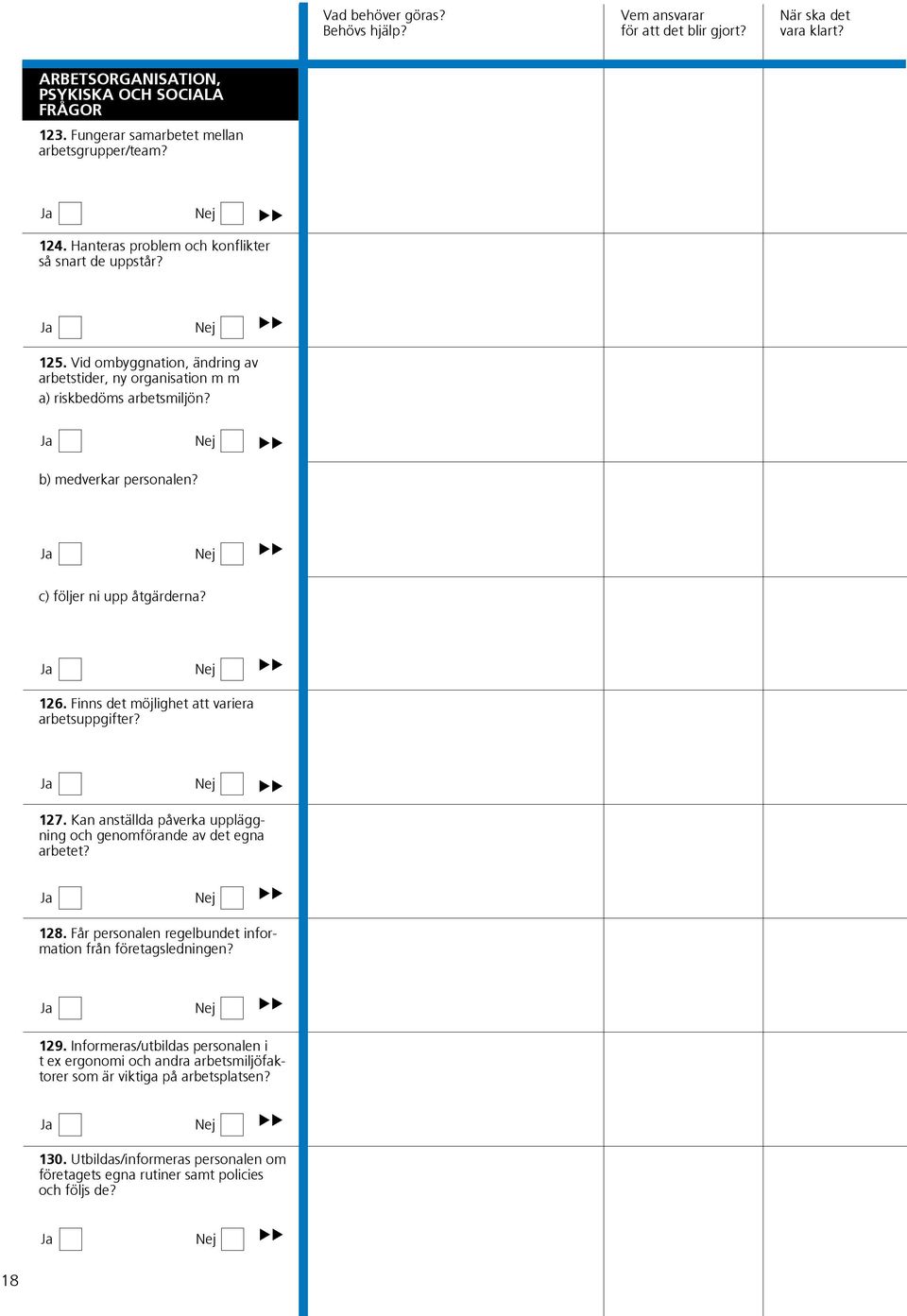 c) följer ni upp åtgärderna? 126. Finn det möjlighet att variera arbetuppgifter? 127. Kan antällda påverka uppläggning och genomförande av det egna arbetet? 128.