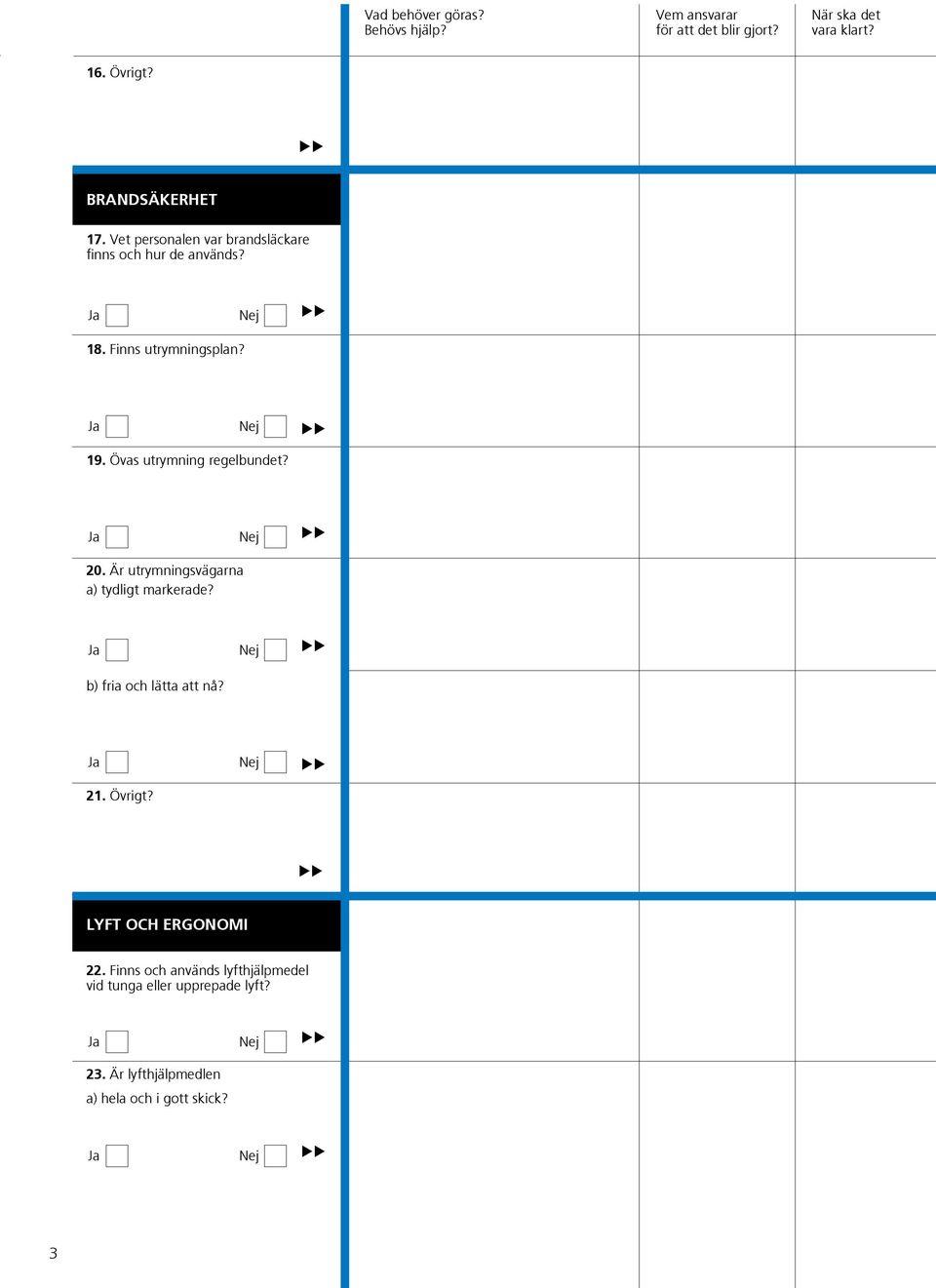 Öva utrymning regelbundet? 20. Är utrymningvägarna a) tydligt markerade? b) fria och lätta att nå? 21.