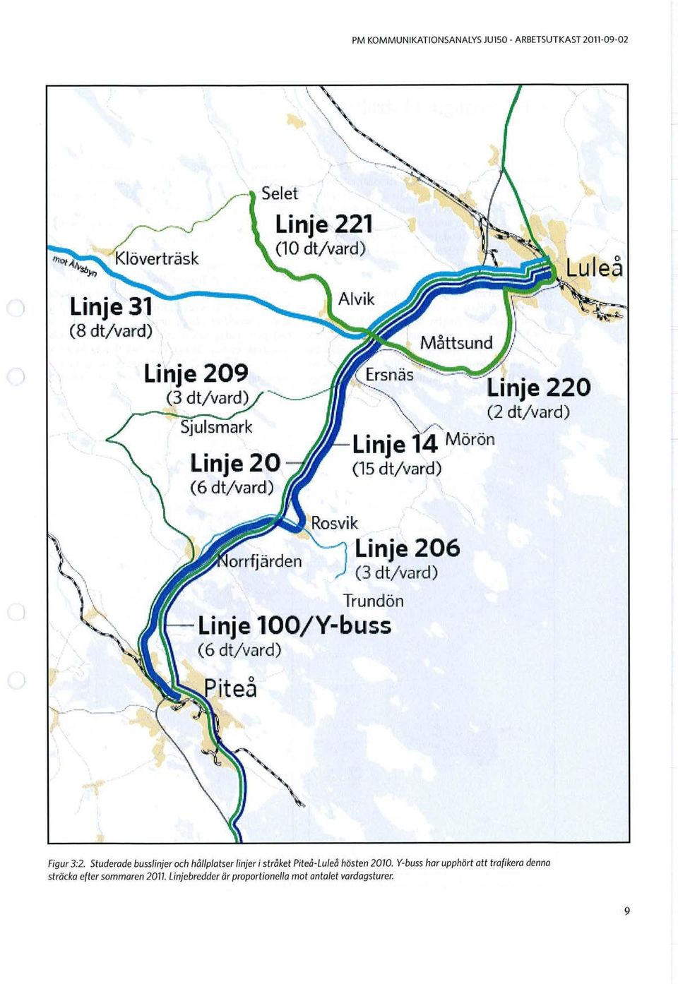 Figur32. Studerade busslinjer och hållplatser linjer i stråket Piteå-Luleå hösten 2010.