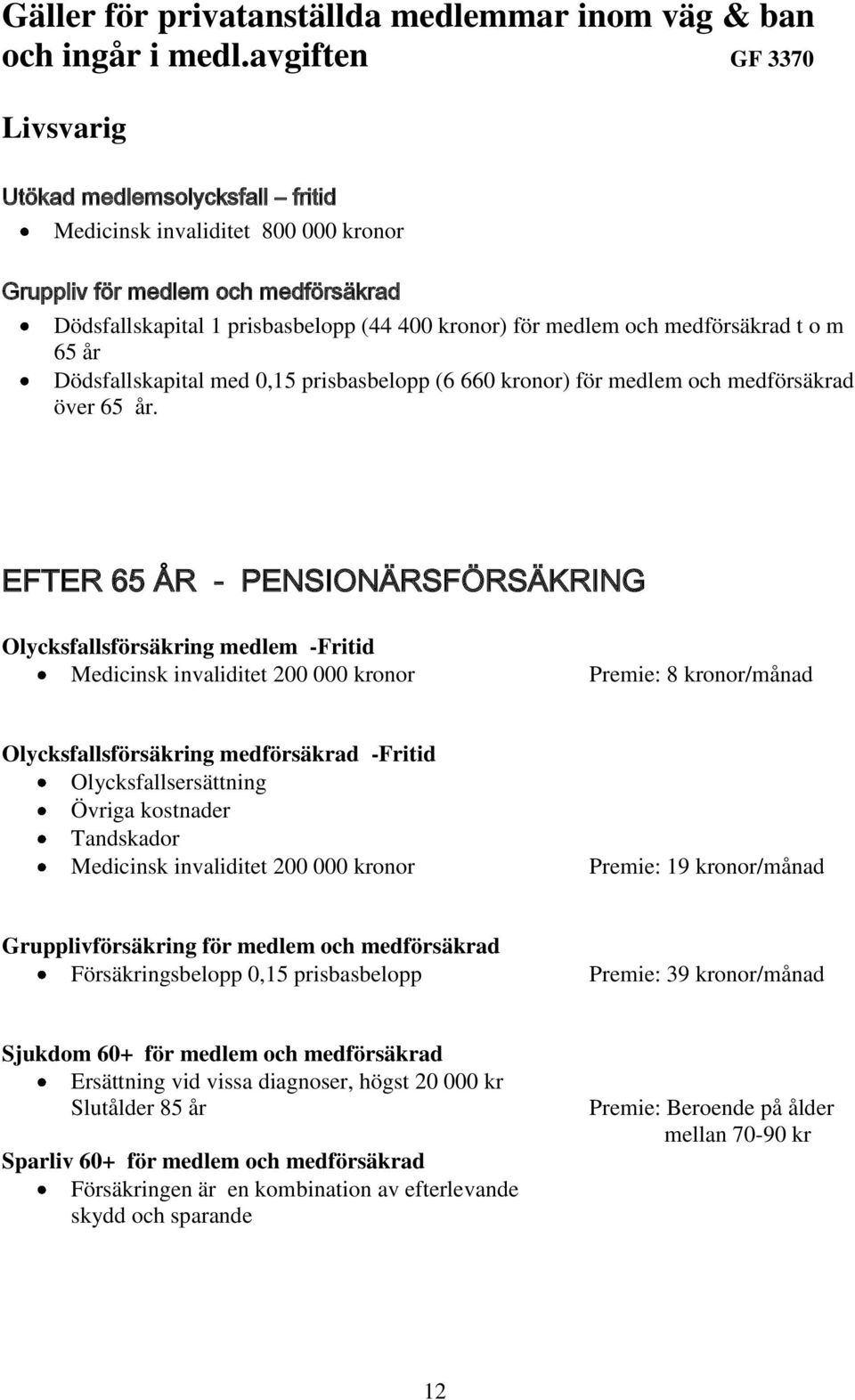 medförsäkrad t o m 65 år Dödsfallskapital med 0,15 prisbasbelopp (6 660 kronor) för medlem och medförsäkrad över 65 år.