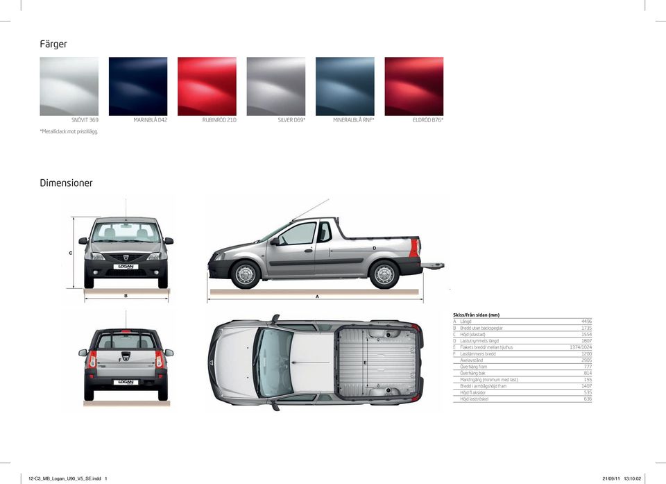 Bredd utan backspeglar 1735 C Höjd (olastad) 1554 D Lastutrymmets längd 1807 E Flakets bredd/ mellan hjulhus 1374/1024 F