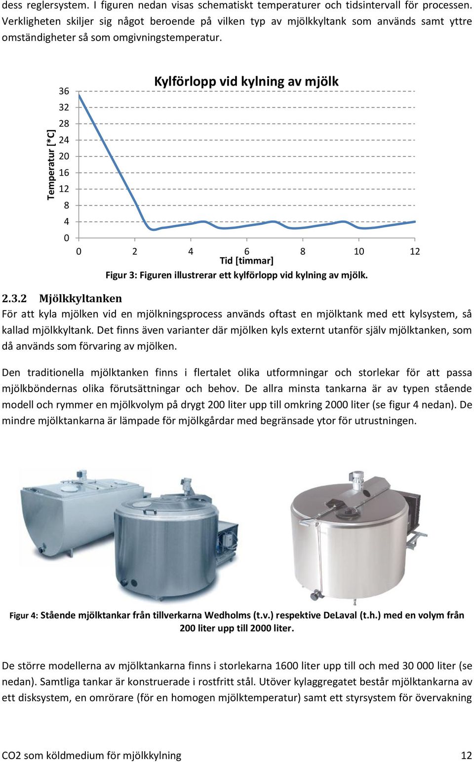 36 32 28 24 20 16 12 8 4 0 Kylförlopp vid kylning av mjölk 0 2 4 6 8 10 12 Tid [timmar] Figur 3: Figuren illustrerar ett kylförlopp vid kylning av mjölk. 2.3.2 Mjölkkyltanken För att kyla mjölken vid en mjölkningsprocess används oftast en mjölktank med ett kylsystem, så kallad mjölkkyltank.