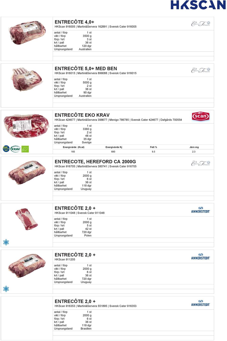 3 ENTRECOTE, HEREFORD CA 2000G HKScan 916705 Martin&Servera 380741 Svensk Cater 916705 2000 g 6 st 36 st 118 dgr Uruguay ENTRECÔTE 2,0 + HKScan 911048 Svensk Cater 911048 2000 g