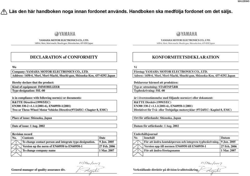 Adress: 450-6, Mori, Mori-Machi, Shuchi-gun, Shizuoka-Ken, 437-0292 Japan Deklarerar härmed att produkten: Typ av utrustning: STARTSPÄRR Typbeskrivning: 5SL-00 är i överensstämmelse med följande